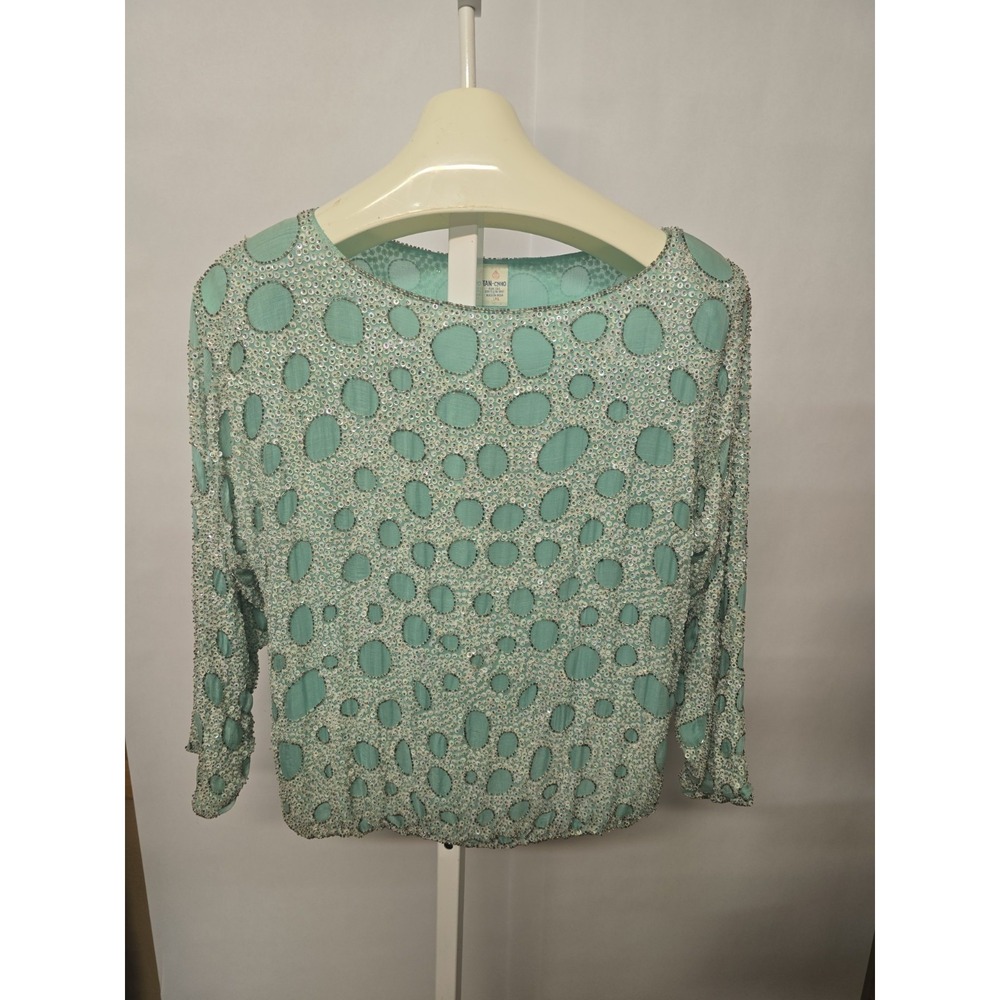 Vintage TAN‑CHHO Pure Silk‎ Embellished Top – XL – Seafoam Teal Green 80s